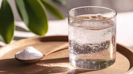 A glass of sparkling water catches the light alongside a wooden spoon of powder, evoking calmness and simplicity in a sunlit setting.