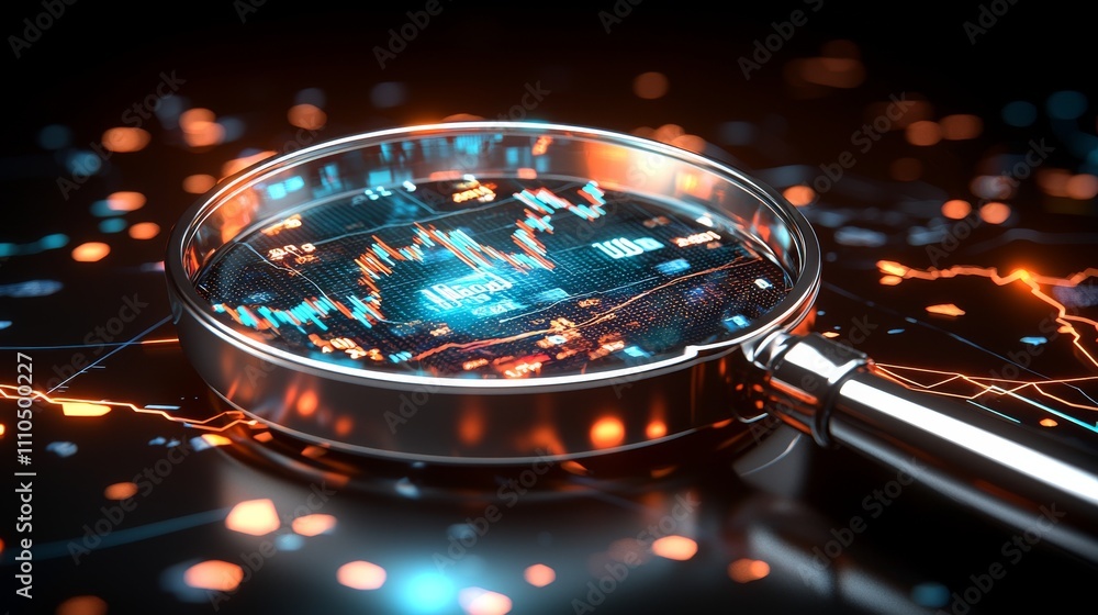 Poster analyzing stock market trends through a magnifying glass virtual environment digital data visualizat