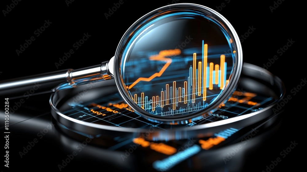 Aufkleber analyzing financial trends with a magnifying glass in a digital workspace environment for business i