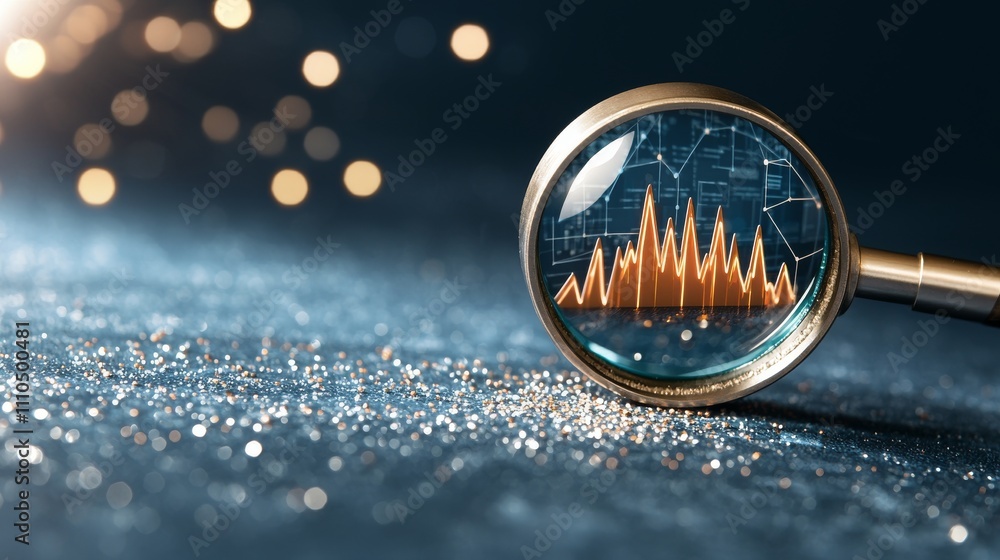 Poster analyzing financial data with a magnifying glass office desk digital visualization calm environment 