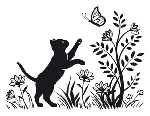 black cat and butterfly in floral garden vector illustration