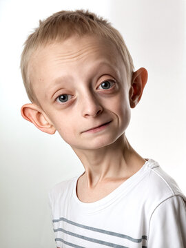 A young boy with Progeria disease stands with a smile, showcasing distinctive facial features and a light-colored shirt. His playful expression adds charm to the composition - Generative AI