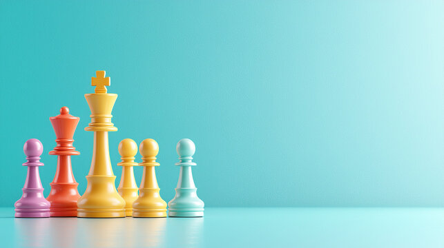 Colorful chess pieces on turquoise background symbolize strategy and creativity. vibrant king, queen, and pawns stand in row, highlighting contrast and playful design