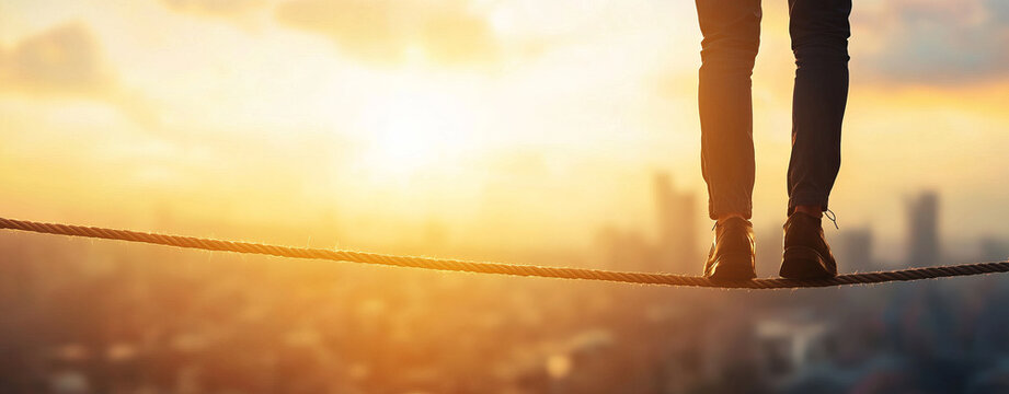 person balances on tightrope high above cityscape at sunset, evoking sense of adventure and challenge. warm glow of setting sun creates dramatic silhouette against urban backdrop