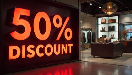 Store interior with large "50% OFF" sale sign in bright red, modern display, shopping promotion, retail backdrop
