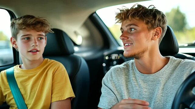 Mother and Son Learning Car Controls Together in Parked Vehicle