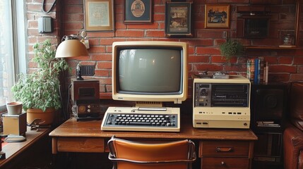 Retro computer setup on wooden desk in cozy vintage workspace, brick wall background, nostalgic office decor, old technology, classic monitor, home study, timeless vibes.