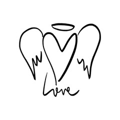 Black grunge brush vector hand drawn symbol cute heart with wings and nimbus illustration clip-art winged angel. Love Valentine symbol. Decor element for logo, label, emblem, poster, postcard, nail