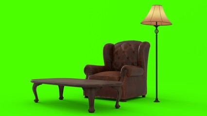 coffee table and floor lamp with green background