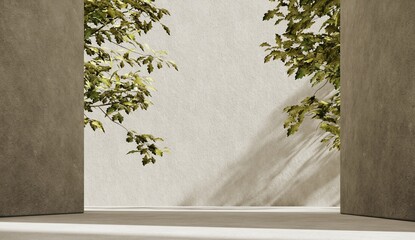 3D rendering of botanical backdrop with soft shadows and pastel light for a premium product showcase.