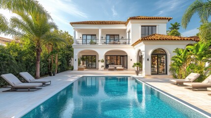 Luxury white villa with swimming pool and lush tropical garden, private resort property, elegant vacation retreat for ultimate relaxation, architectural design inspiration