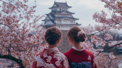 Fototapeta premium 姫路城で桜と着物を楽しむ西洋人観光客