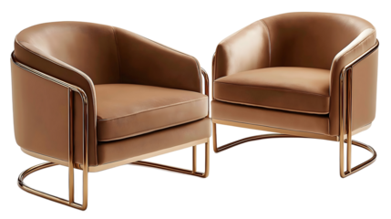 Pair of brown leather modern designer armchairs on contemporary gold frames isolated on white or transparent background.