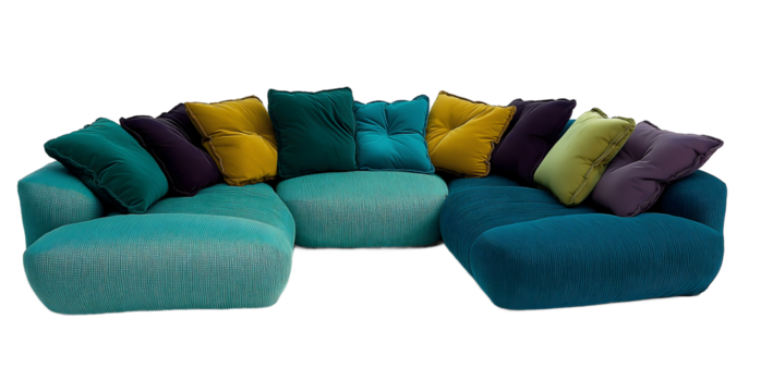 Turquoise blue module sofa, various cushions isolated on white or transparent background.