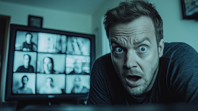 A Man Reacts With Surprise While Watching a Group Video Call on Television Late at Night in a Dimly Lit Room