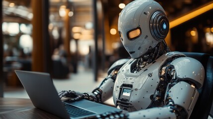 Fototapeta premium Sophisticated robot typing on a laptop in a professional office setting, artificial intelligence innovation in corporate environments, futuristic technology meets modern workplace design