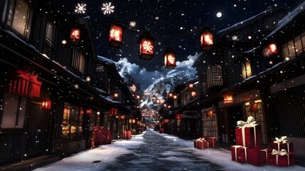 Fototapeta premium Snowy Asian street at night with red lanterns and gifts.
