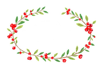 Merry Christmas wreath banner. Celebration text with berries, bells and leaves for postcard, icon or badge