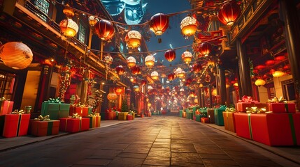 Naklejka premium Festive night street scene with lanterns and gifts.