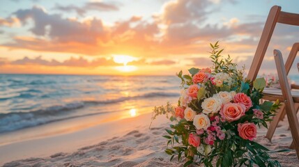 Beach wedding setup with flower bouquet on sandy shore during sunset, romantic coastal ceremony decor, ocean waves, colorful roses, scenic background, special event.