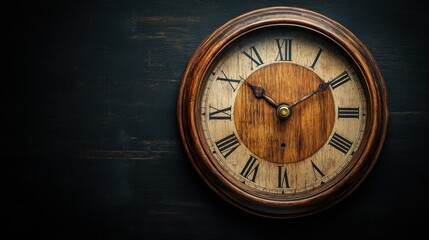 Vintage wooden clock with Roman numerals on dark textured wall, aged and timeless design, rustic decor, antique timepiece, classic style, elegant home interior accents.