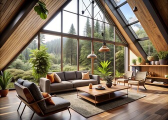 Fototapeta premium Modern A-Frame Living Room with Forest View - Stylish Interior Design, Cozy Atmosphere, Natural Light, Contemporary Furnishings, Serene Nature Backdrop