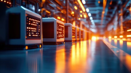A futuristic server room with glowing equipment, showcasing advanced technology and organized infrastructure in a vibrant, illuminated environment.