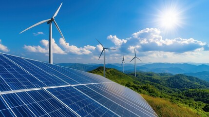 A vibrant landscape featuring solar panels in the foreground and wind turbines against a backdrop of rolling hills and a bright blue sky.