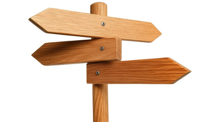 Rustic wooden signpost with three arrows navigating the path to adventure and exploration in nature's embrace
