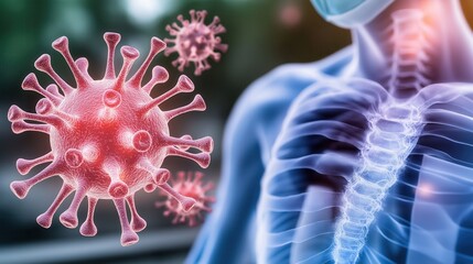 A digital illustration showing a human torso with a virus, symbolizing infection and the immune response.