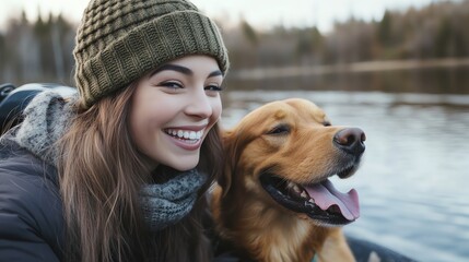 A woman smiles as she sits with her dog by a lake.