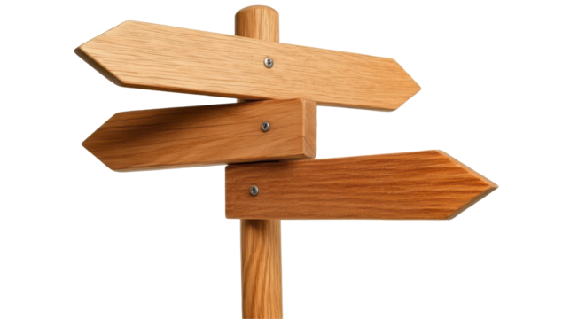 Rustic wooden signpost with three arrows navigating the path to adventure and exploration in nature's embrace