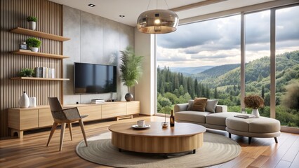 Obraz premium Modern Minimal Living Room with Natural Wood Round Table and TV Unit, Showcasing a Stunning View of Nature in a Cool and Stylish Design