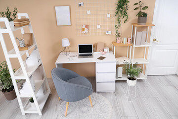 Interior of stylish office with workplace, shelf units and plants