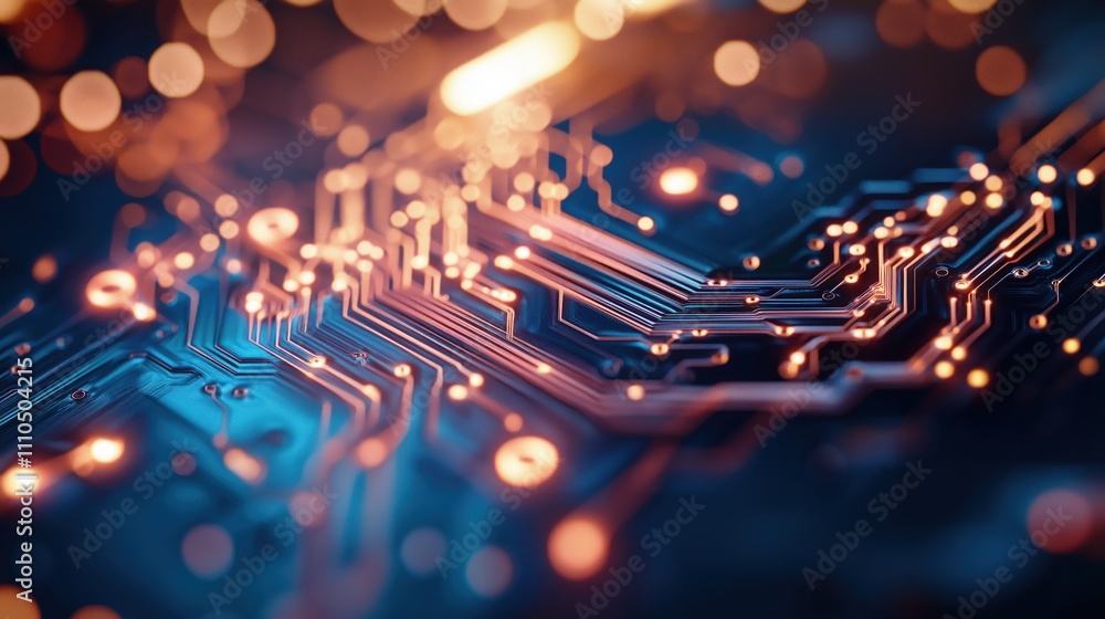 Poster a vibrant close-up of a circuit board, showcasing intricate patterns and glowing components against 
