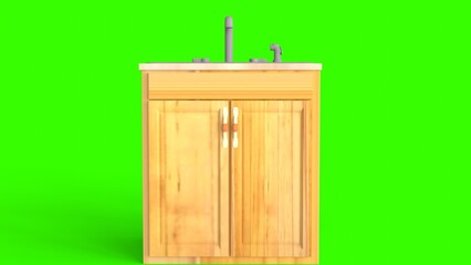 wood cabinet with sink with green background