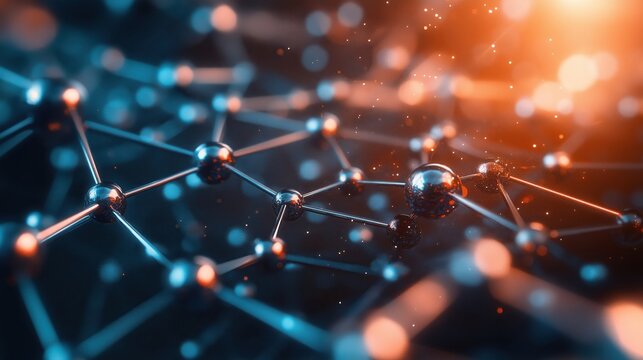 A close-up view of a network of interconnected nodes and particles, showcasing a blend of blue and orange light, representing technology or molecular structures.