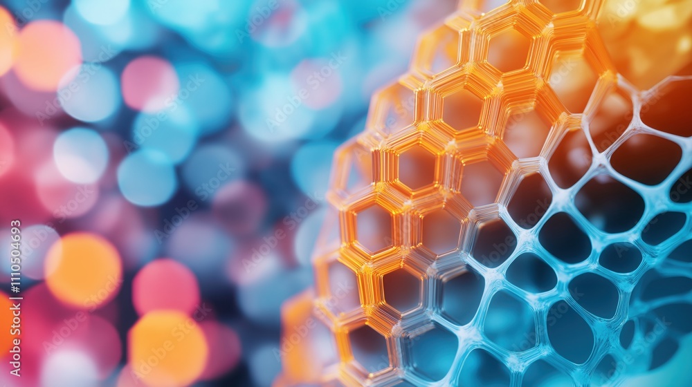 Poster a vibrant close-up of hexagonal patterns, showcasing a blend of orange and blue hues against a blurr