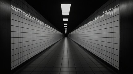 Empty subway tunnel with bright lights illuminating path