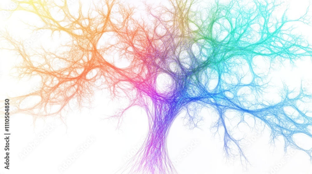 Poster tree that towers over a serene environment, its roots intertwining with shimmering particles that re