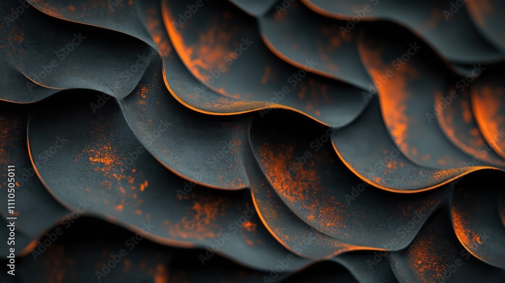 Poster textured layers of metallic elements showcase a blend of dark hues and rust accents, emphasizing dep