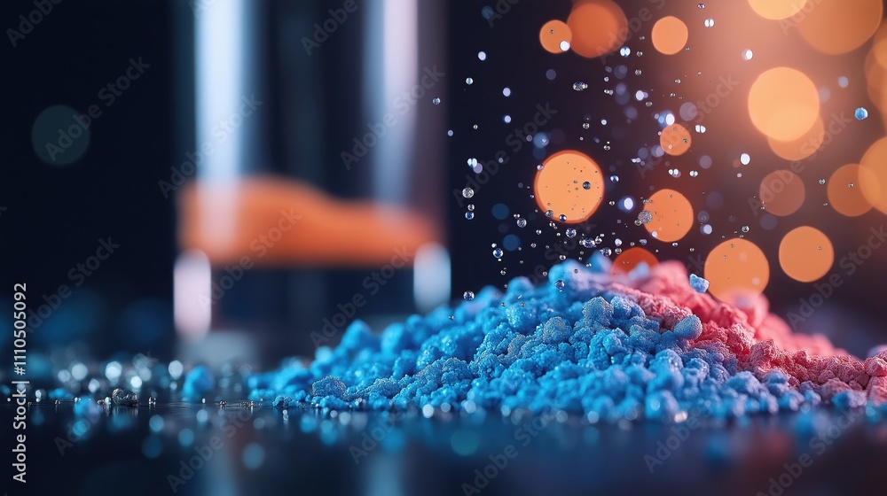 Poster a vibrant mixture of colored powders is scattered, with a blurred glass in the background, creating 