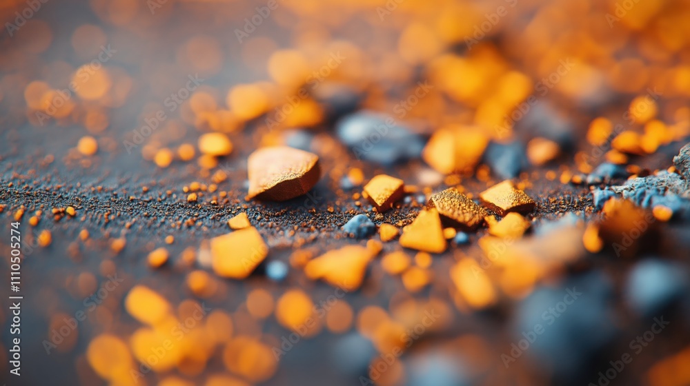 Poster the image showcases a close-up of vibrant orange and blue particles on a textured surface, creating 