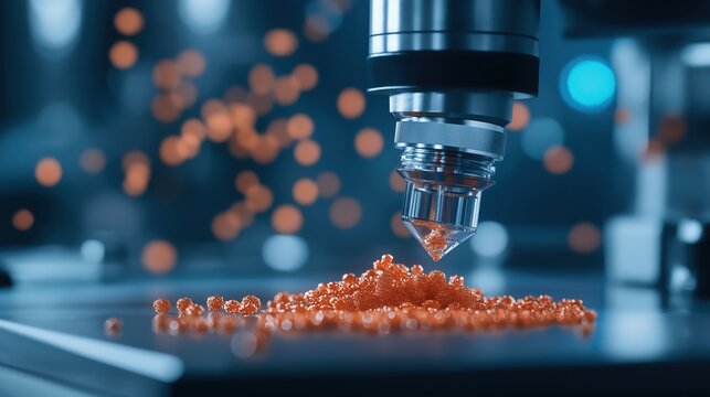 A close-up of a nozzle dispensing vibrant orange granules, illuminated by soft lighting, showcasing precision in a high-tech environment. - Powered by Adobe