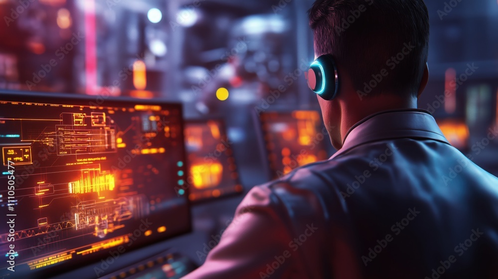 Poster a person in headphones monitors multiple screens displaying vibrant data visuals in a high-tech envi