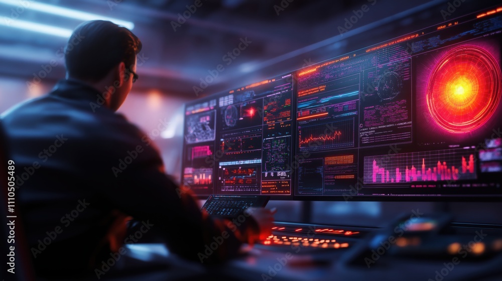 Poster a focused individual operates advanced technology in a dimly lit control room filled with vibrant da