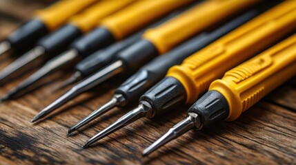 Various hand tools with yellow handles aligned on wooden surface, professional mechanics kit, durable equipment, repair essentials, industrial design, close-up details, precision.