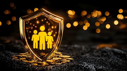 life insurance coverage stability. A golden shield with family silhouettes symbolizes protection and security, surrounded by sparkling lights.
