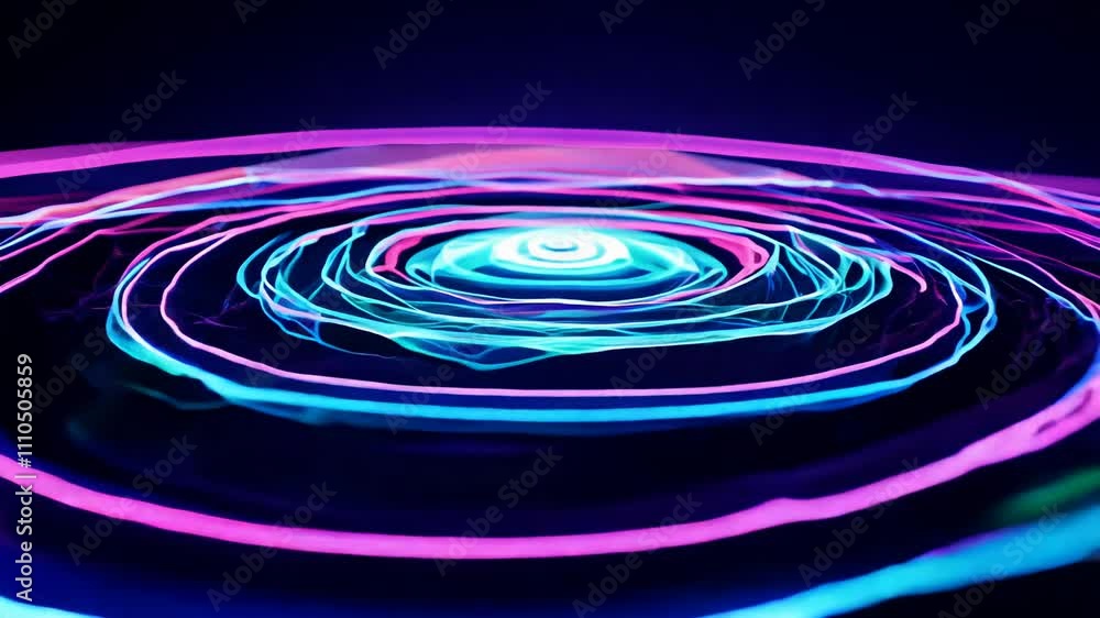 Poster seamless loop video of sound waves creating patterns in water with neon lighting and a slow pan came
