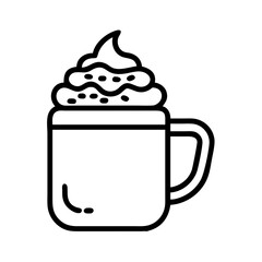 festive mug with whipped cream Outline Icon, christmas icon - Black outline icon of festive mug with whipped cream symbolizing Christmas, holidays, and festive in simple design.